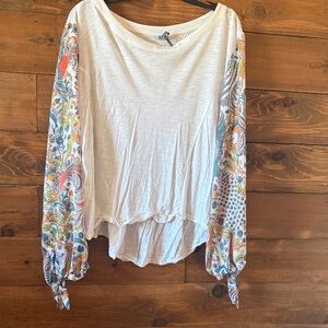 Anthropologie White Long-Sleeve Top with Multicolored Printed Sleeves